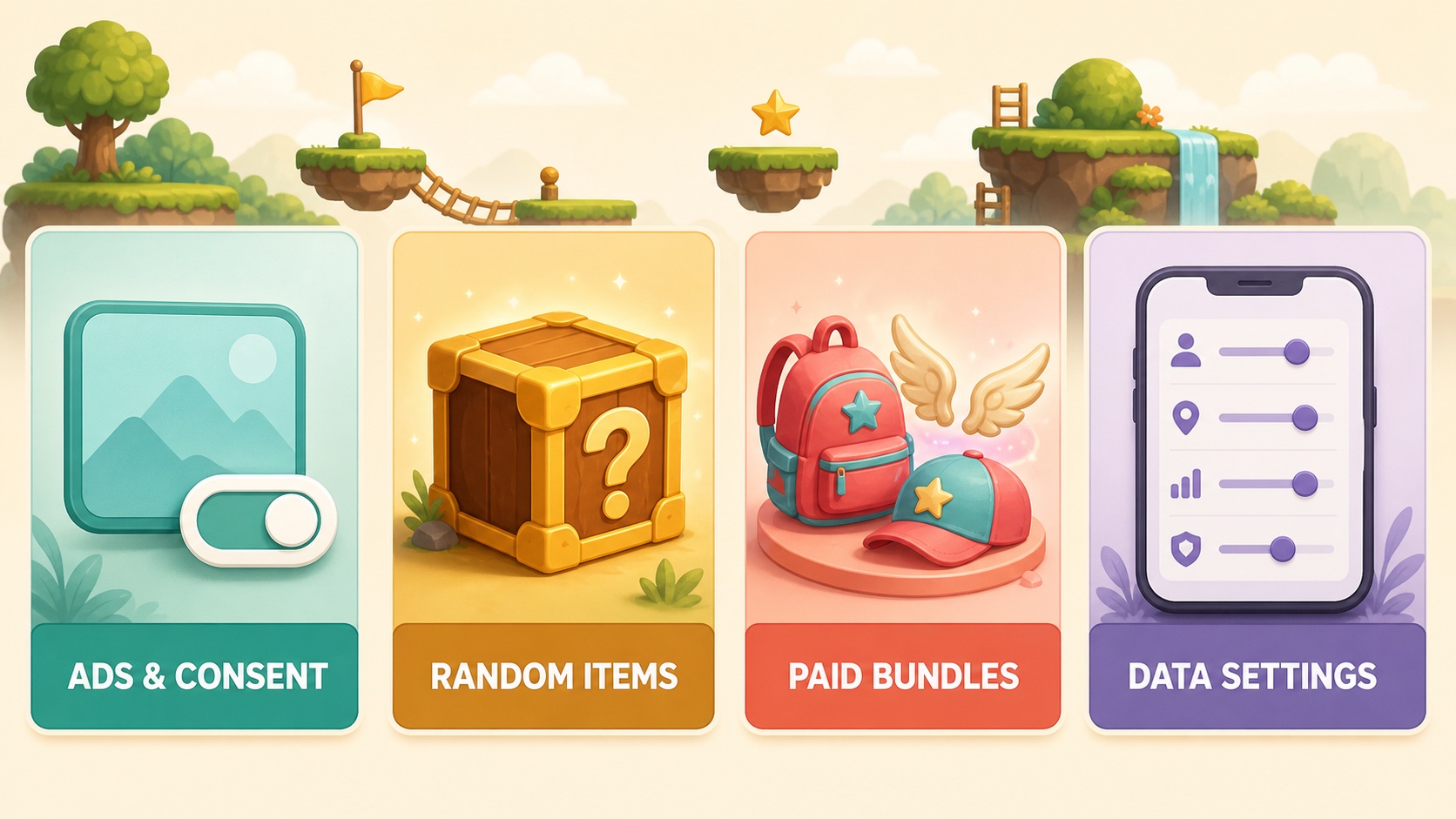 A parent-facing checklist for ads and consent, random items, paid bundles, and data settings