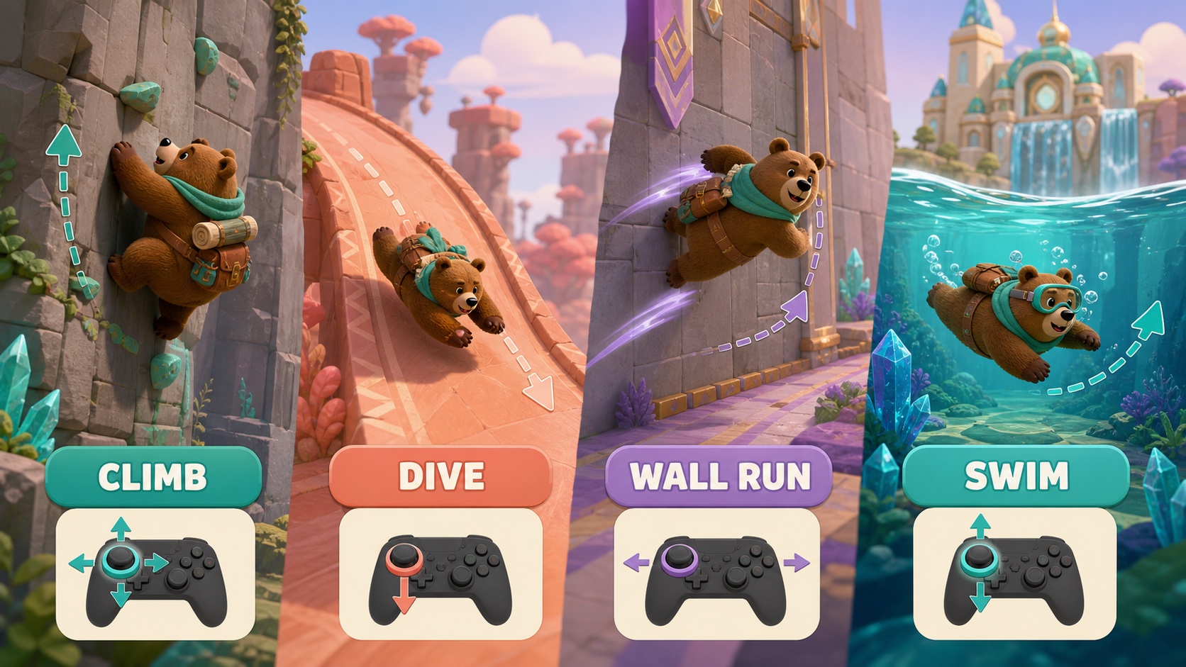 A movement toolkit for climbing, diving, wall running, and swimming through an original platform world