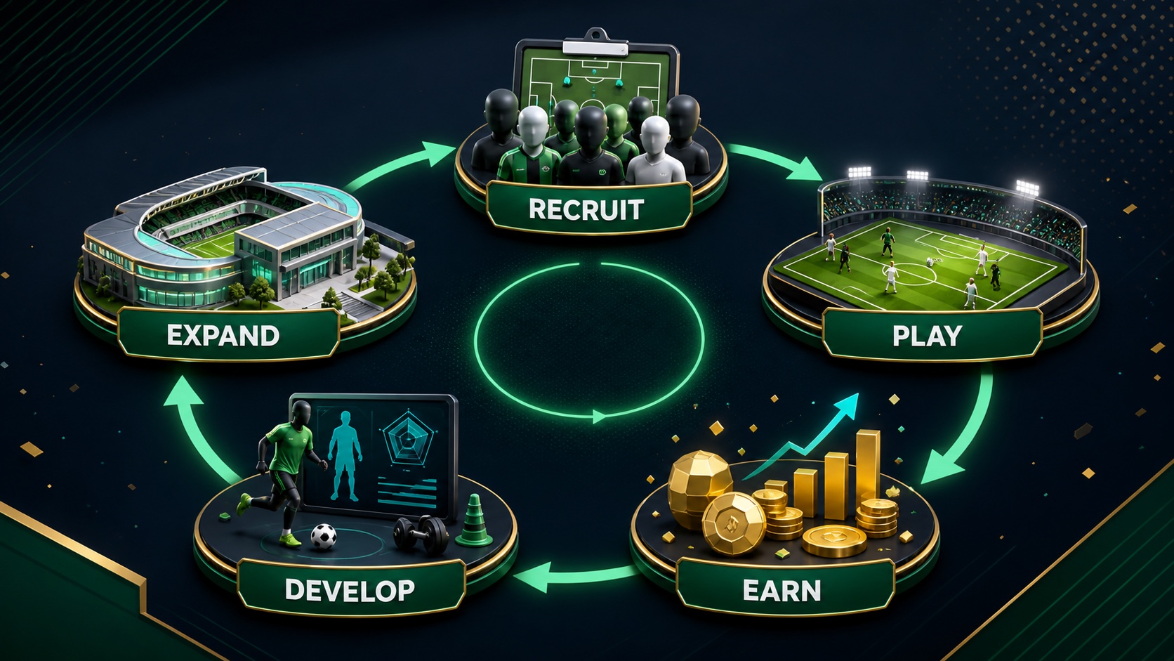 A five-stage club progression loop linking recruitment, matches, rewards, player development, and facilities