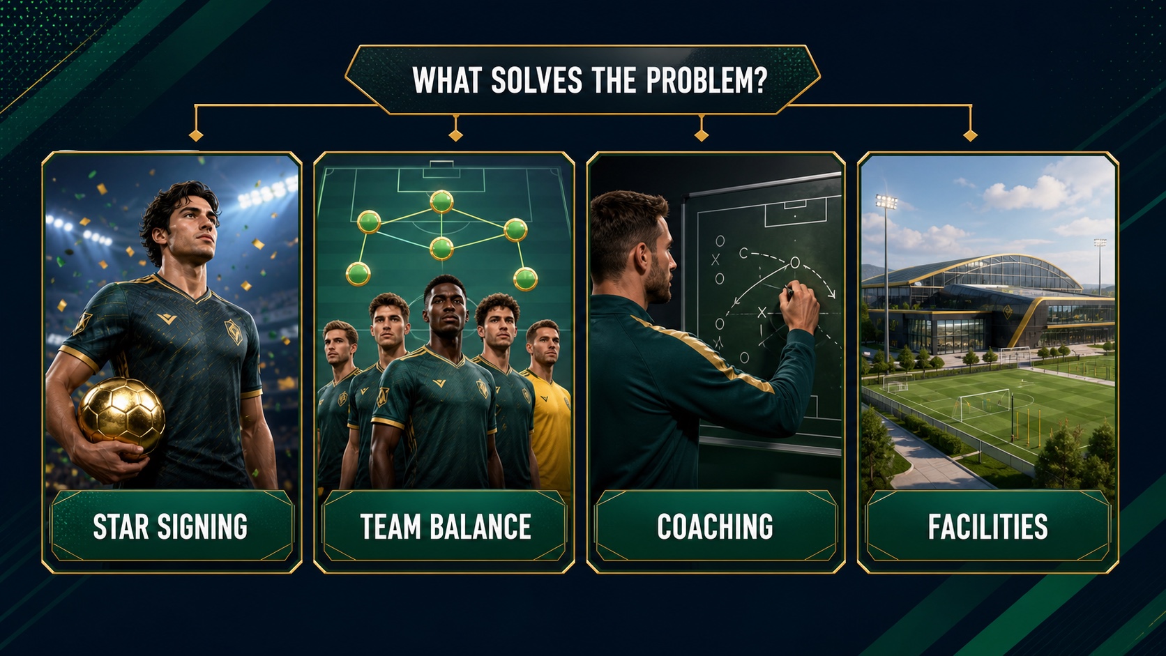 A squad-building decision board comparing star signings, team balance, coaching, and facility investment
