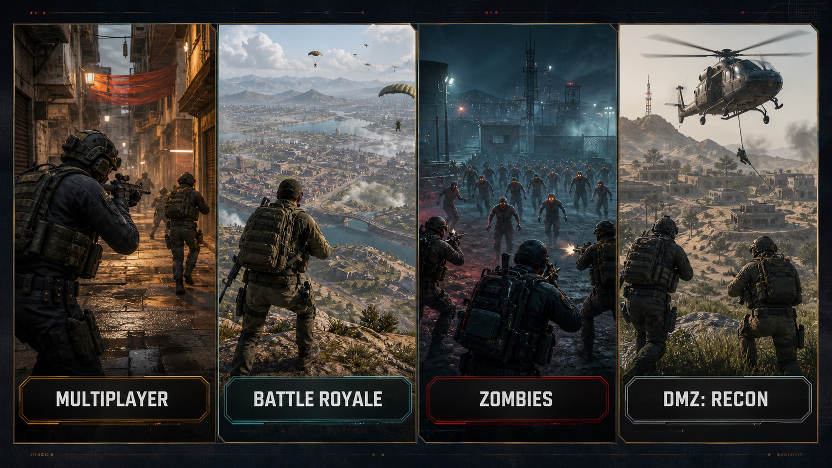 A four-part mode map comparing Multiplayer, Battle Royale, Zombies, and DMZ Recon