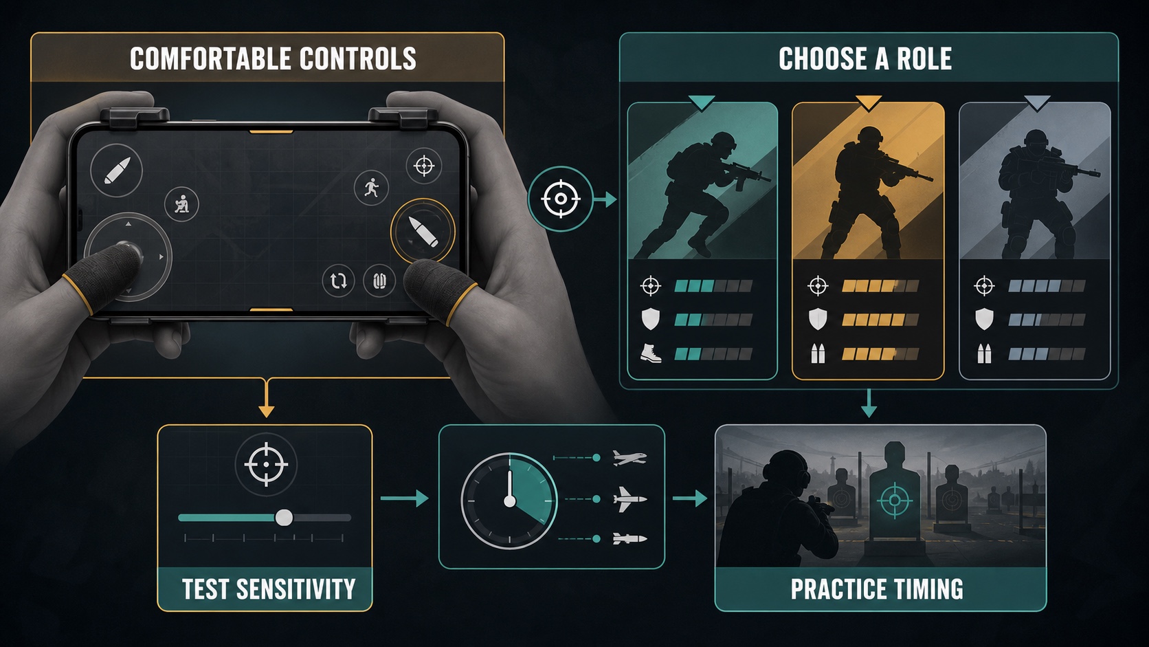 A control decision board linking movement, aiming, loadouts, and scorestreak timing