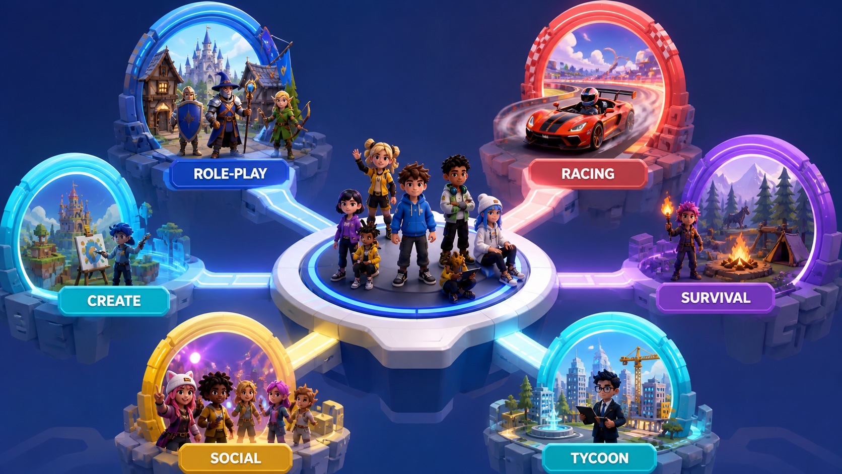 A map of Roblox experience categories including role-play, racing, survival, tycoon, social play, and creation