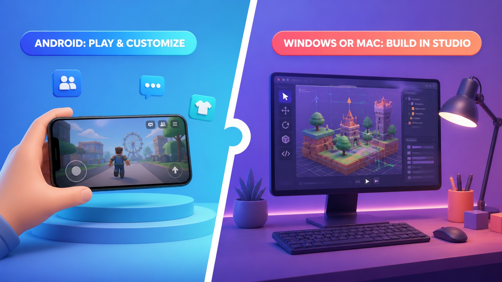 A split-screen editorial diagram showing play and avatar customization on Android versus building and publishing in Roblox Studio on Windows or Mac
