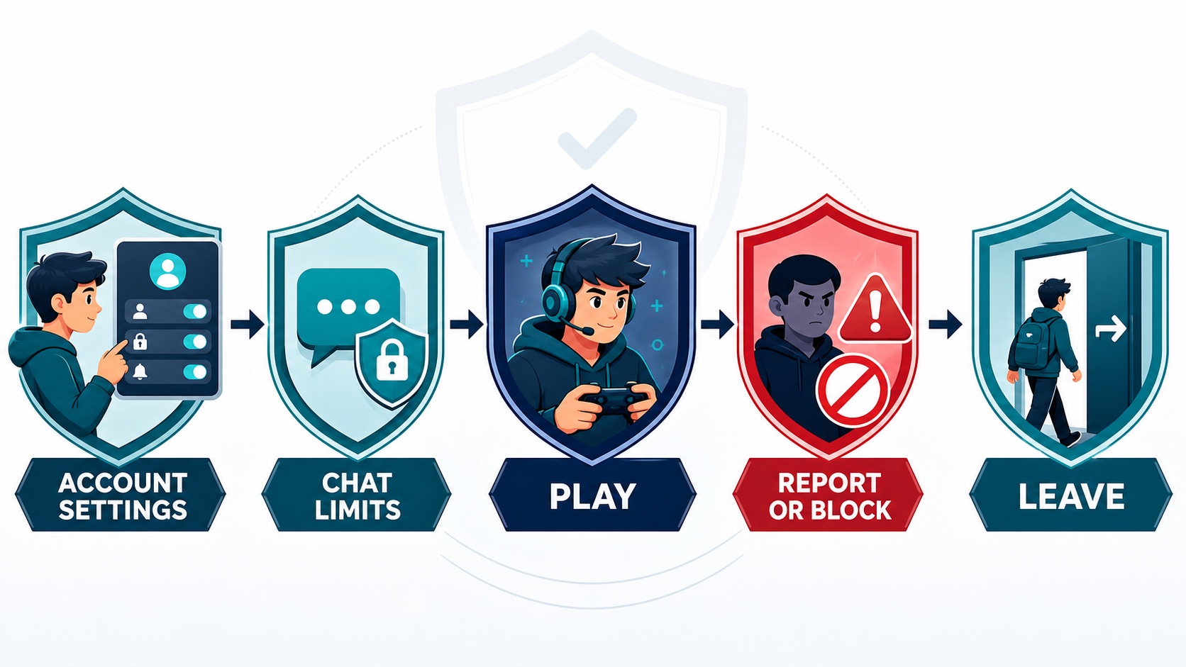 A public-lobby safety flow covering account settings, chat limits, reporting, blocking, and leaving
