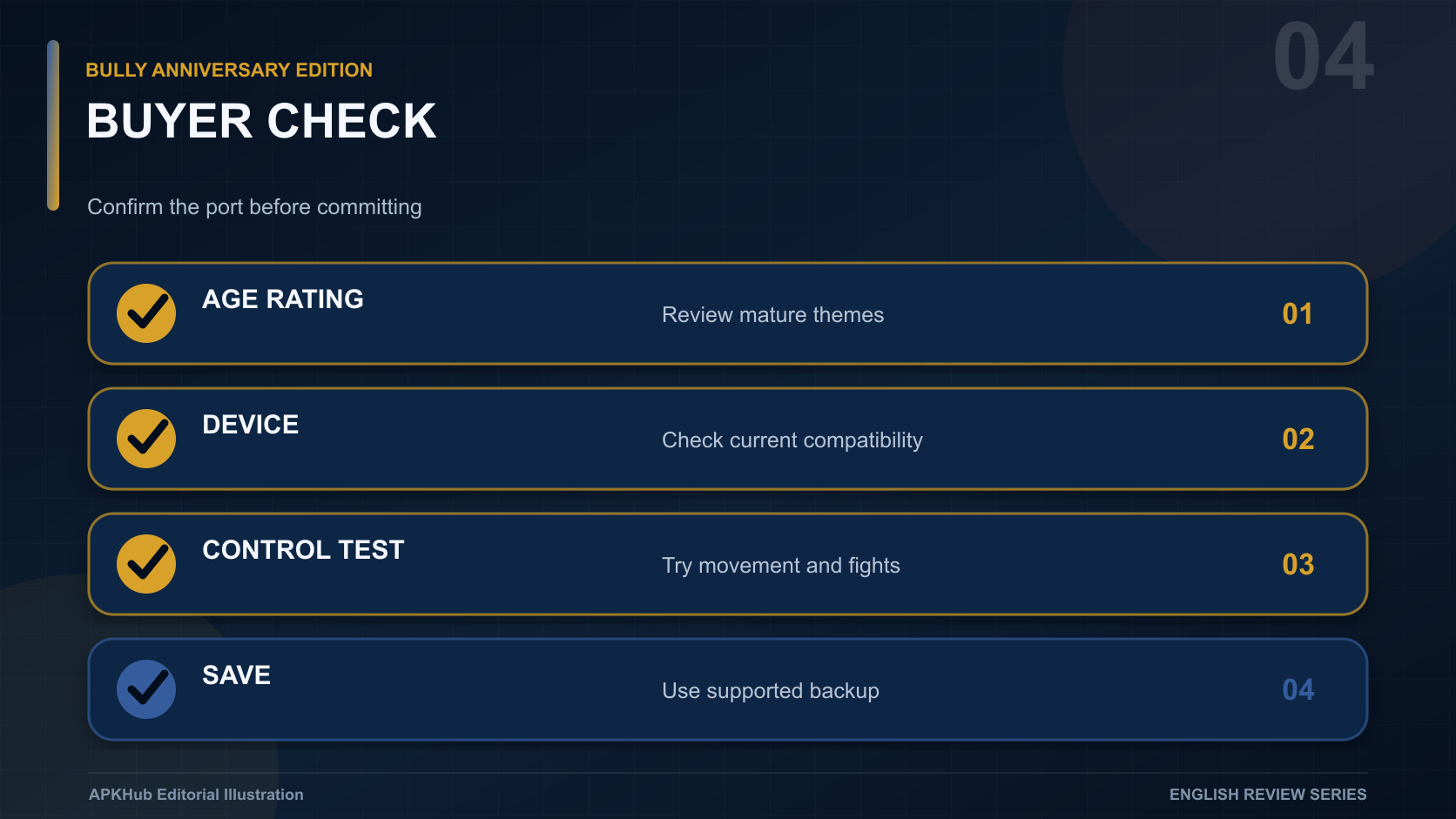 A buyer checklist for age rating, device compatibility, control test, graphics, saves, and official download
