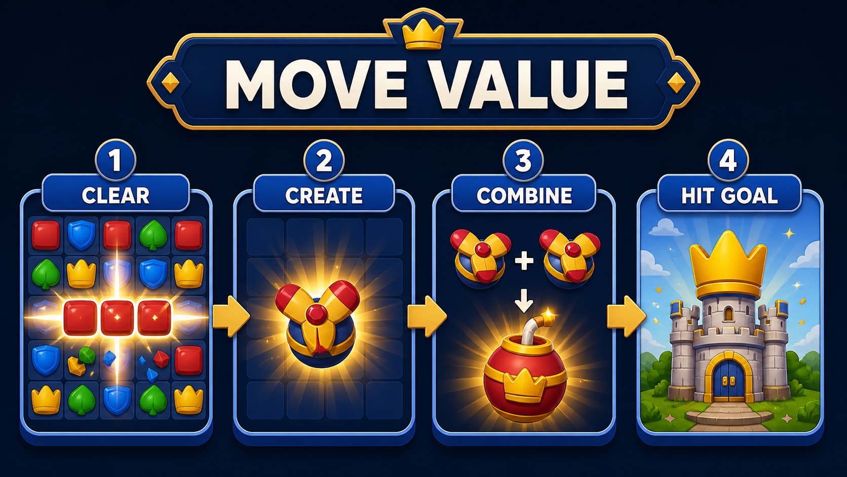 A progression map for Royal Match showing goals, resources, and limits