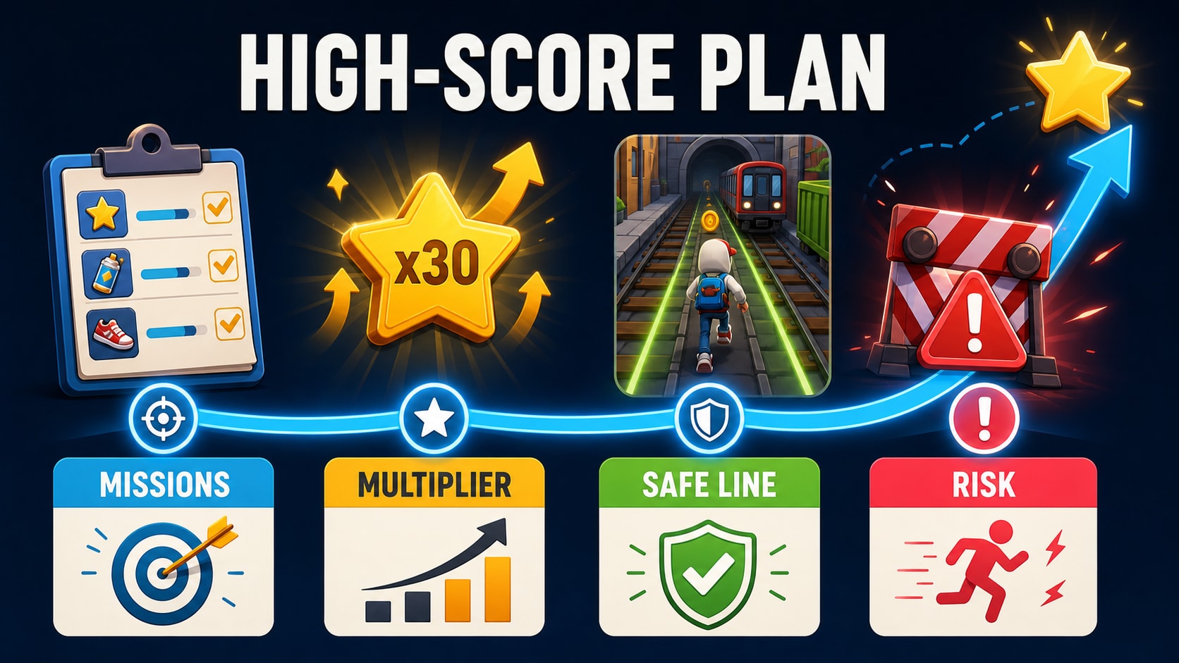 A progression map for Subway Surfers showing goals, resources, and limits