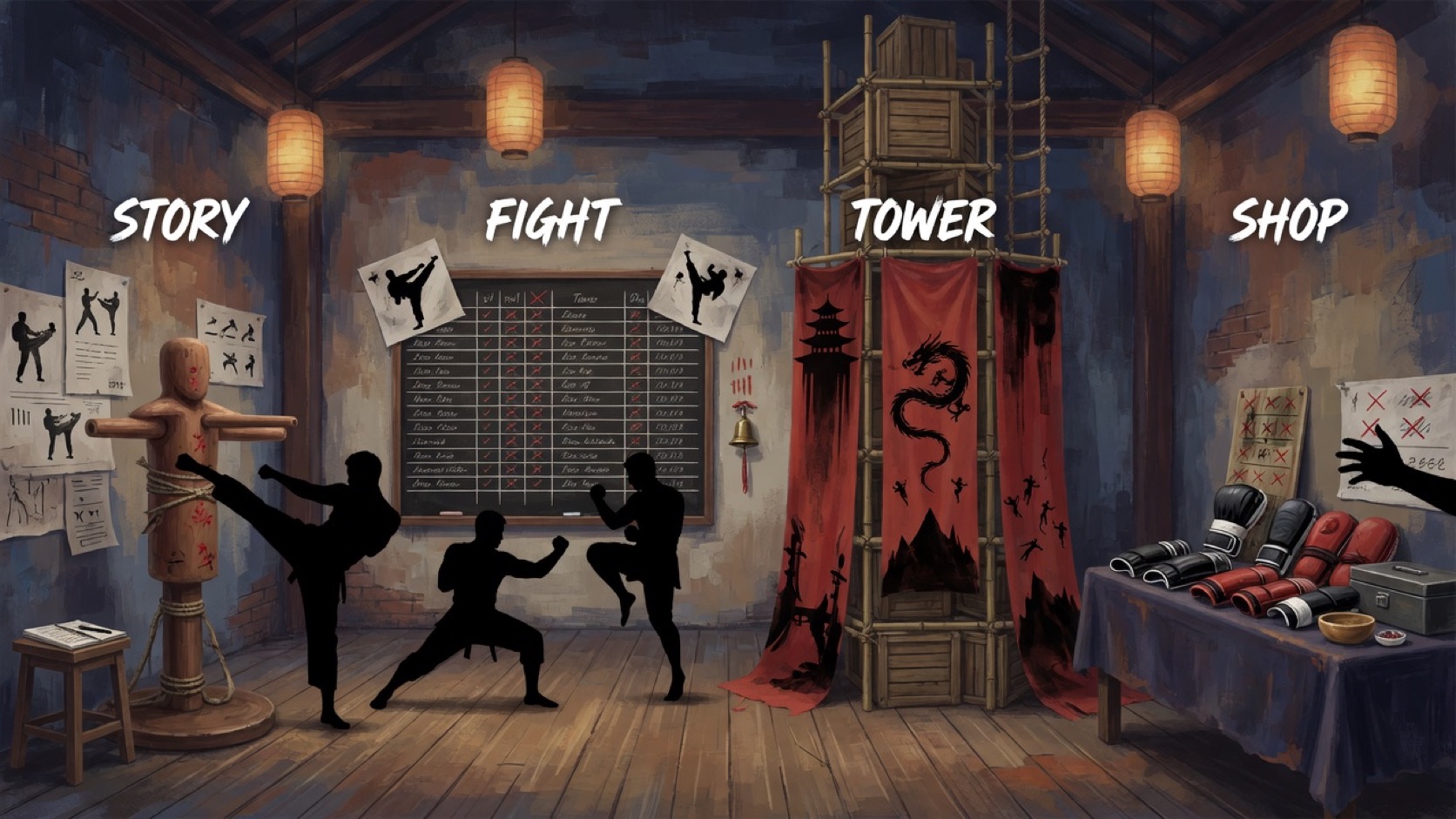 Three clan dojos—Legion armor, Dynasty staffs, Herald katanas—feeding one shared equipment grid