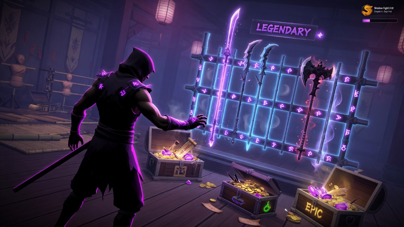 Event chests glowing with shadow energy beside a completed armor set and a closed coin purse