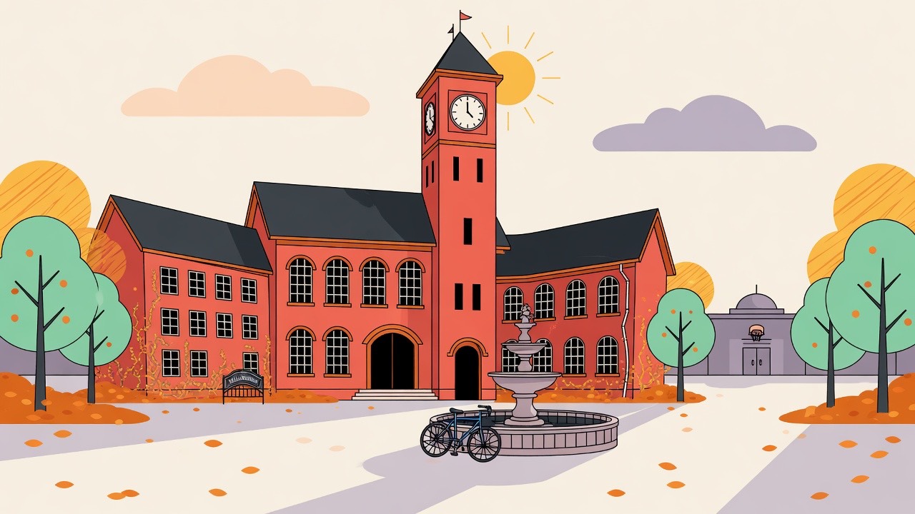 Empty autumn courtyard in front of Bullworth Academy’s clock tower and red-brick halls