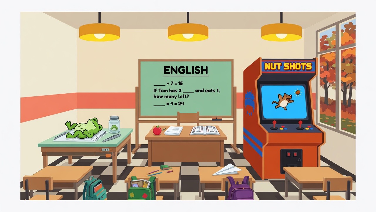 Empty classroom with a biology frog tray, an English chalkboard, and a Nut Shots arcade cabinet