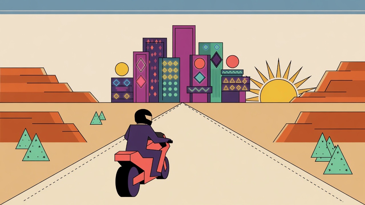 Motorcycle on a desert highway aimed at a neon Las Venturas skyline at dusk