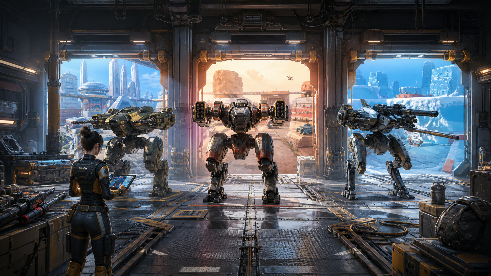 A game-world scene showing the main supporting systems of Mech Arena - Shooting Game