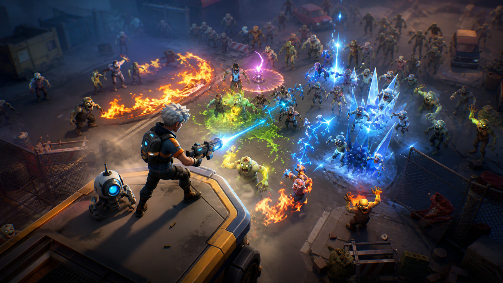 A game-world scene showing the main supporting systems of Zombie Waves