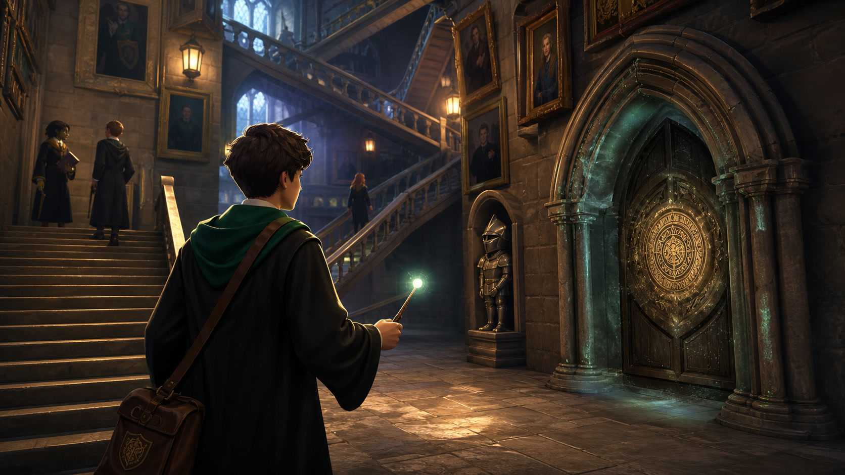 A game-specific scene showing the central moment-to-moment play of Harry Potter: Hogwarts Mystery