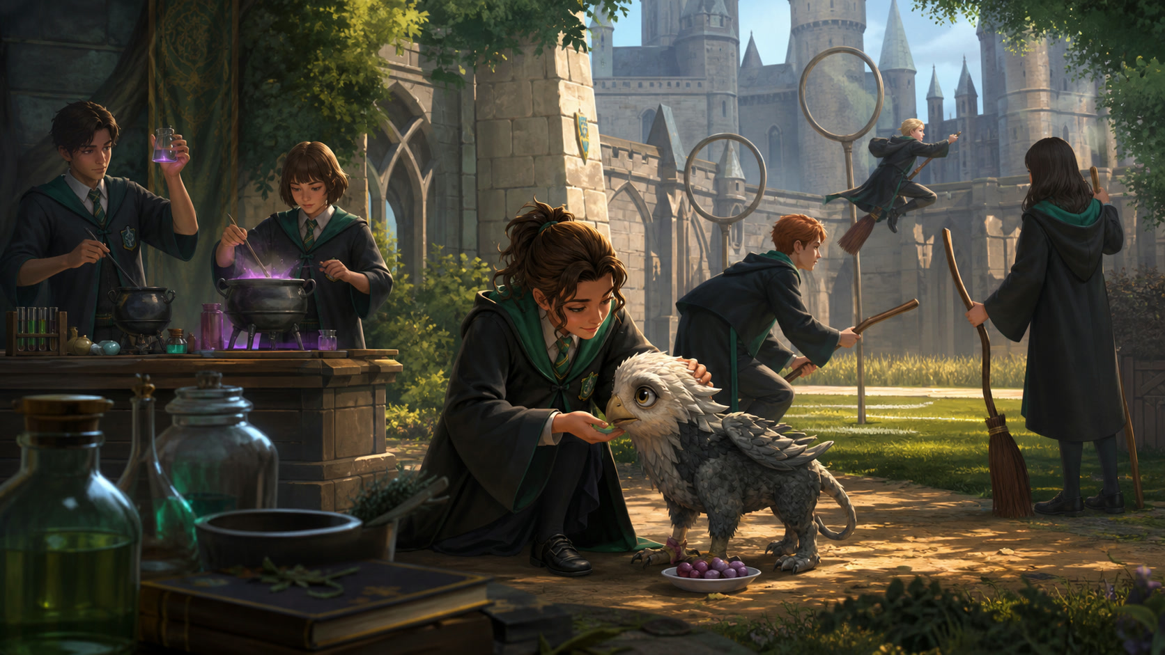 A game-world scene showing the main supporting systems of Harry Potter: Hogwarts Mystery