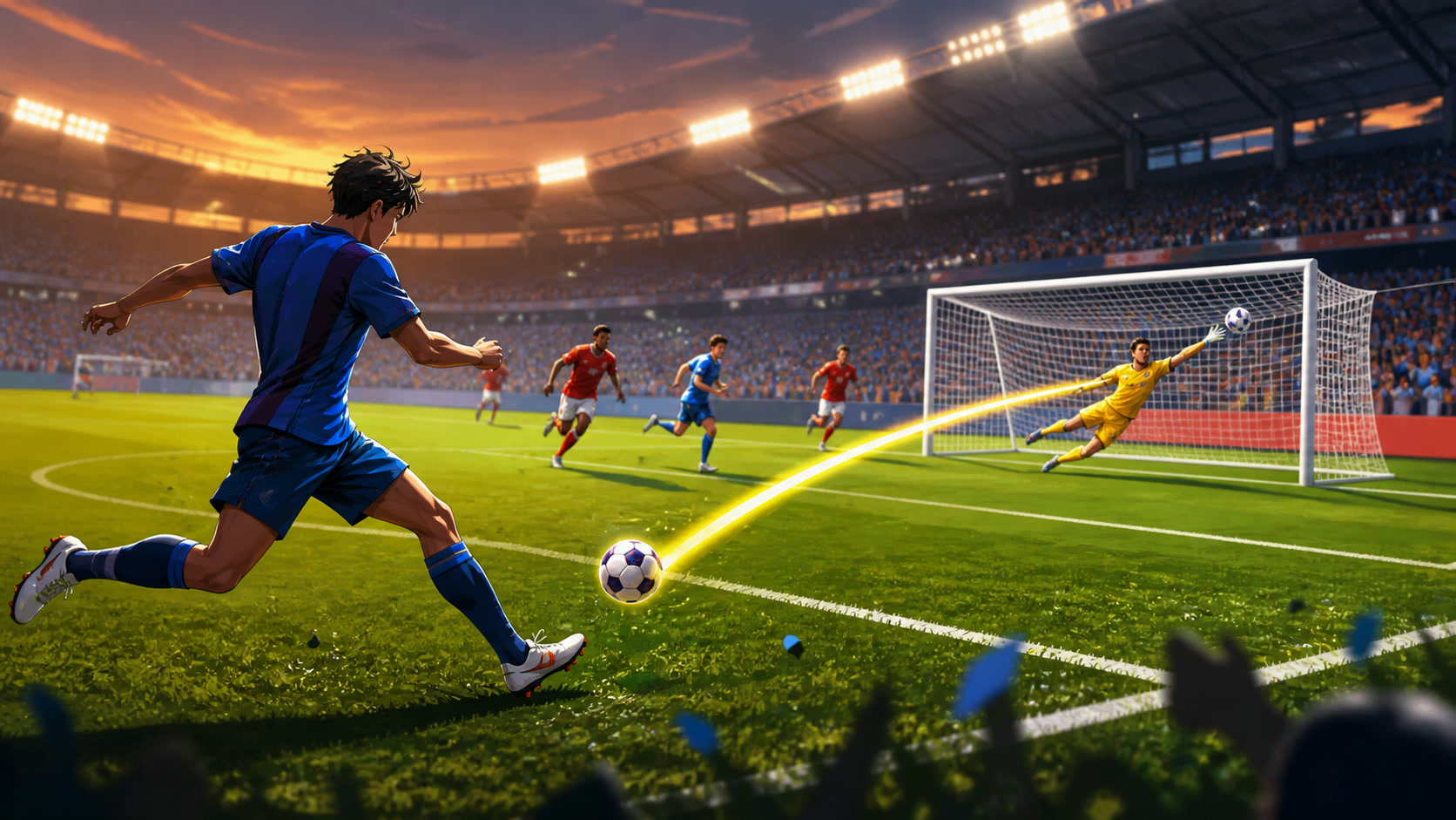A game-world scene showing the main supporting systems of Soccer Superstar
