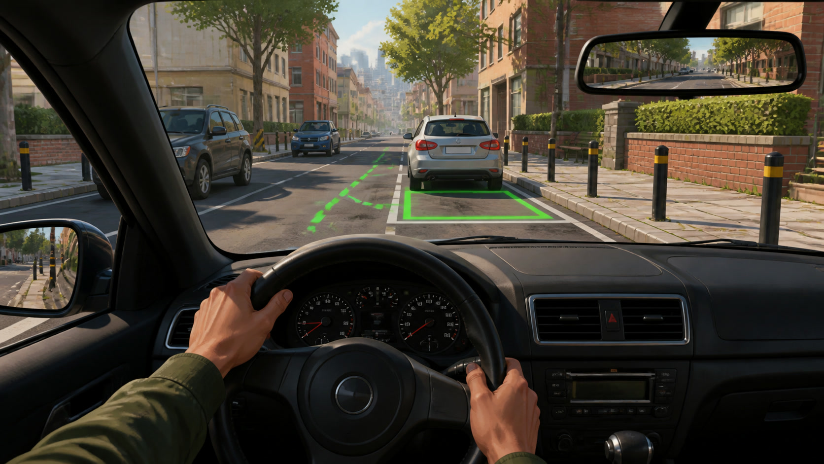 A Dr. Driving city mission showing the objective, traffic scan, braking point, smooth turn, and clean finish