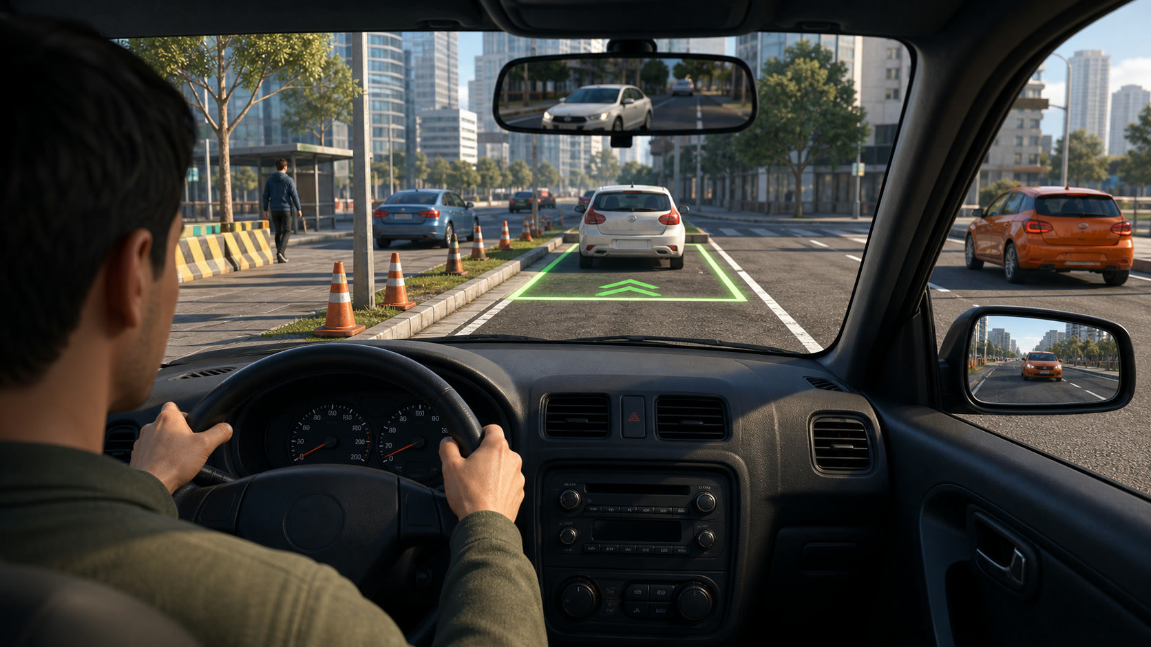 A cockpit control guide comparing gentle steering and early braking with oversteer, hard braking, and collision recovery