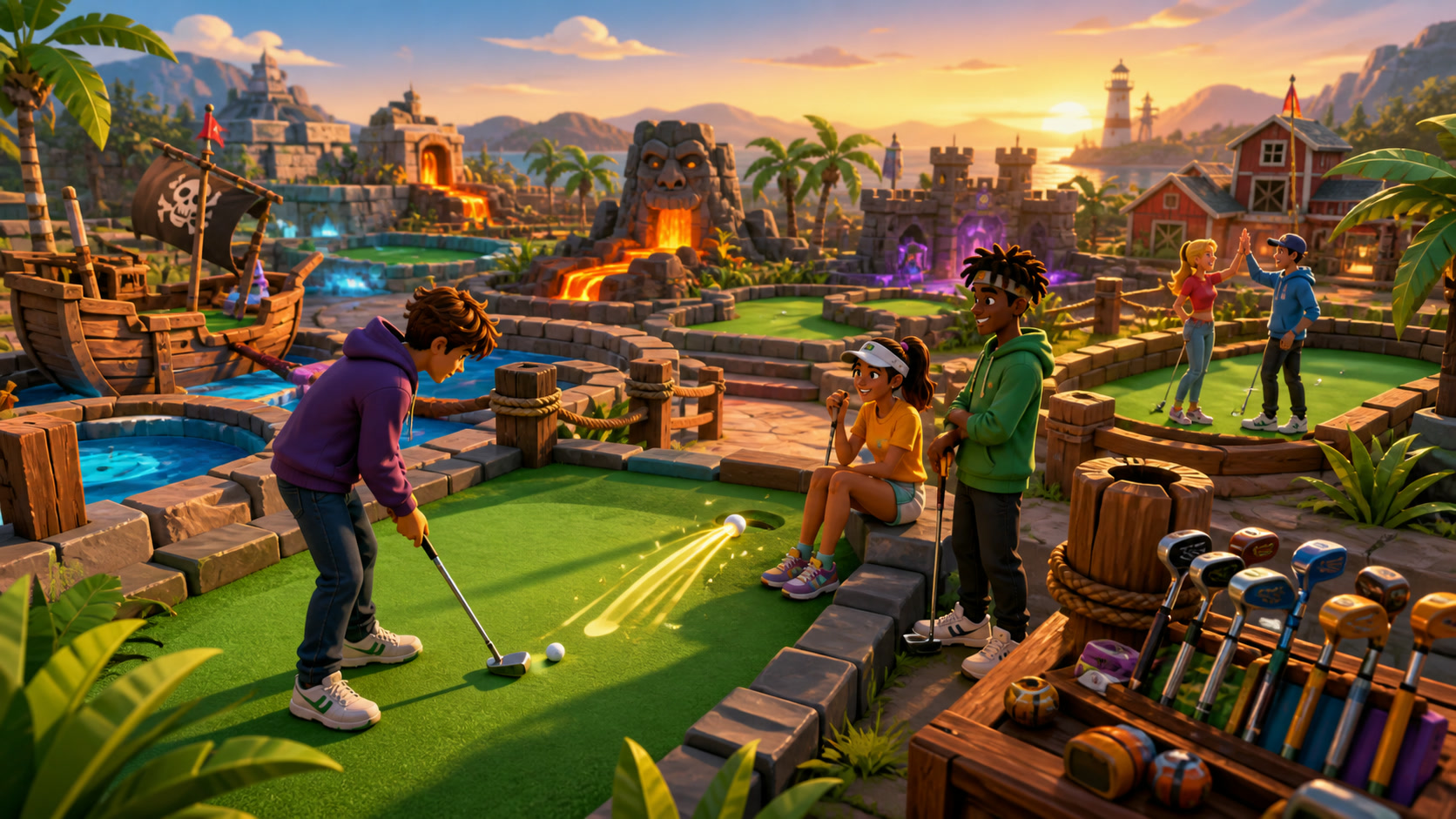 A game-world scene showing the main supporting systems of Golf Battle