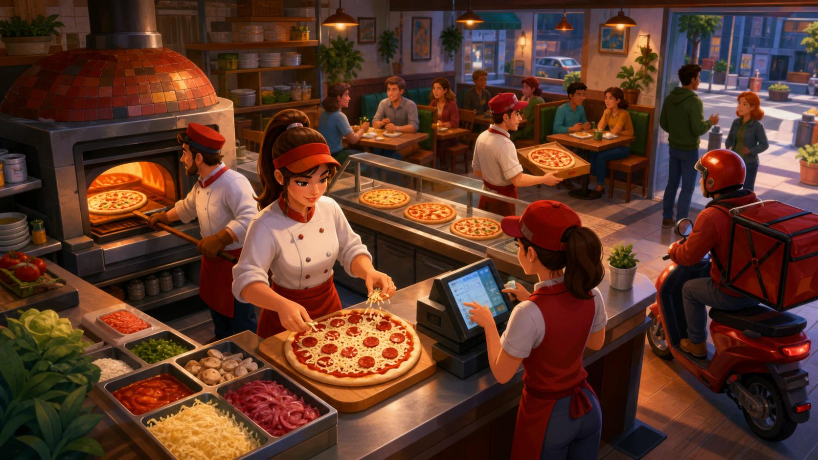 A game-world scene showing the main supporting systems of Pizza Ready!