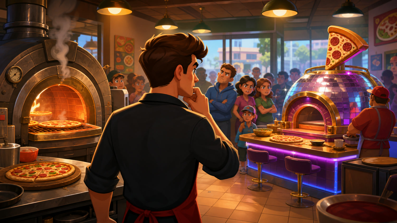 A game-specific scene showing a meaningful resource or spending decision in Pizza Ready!