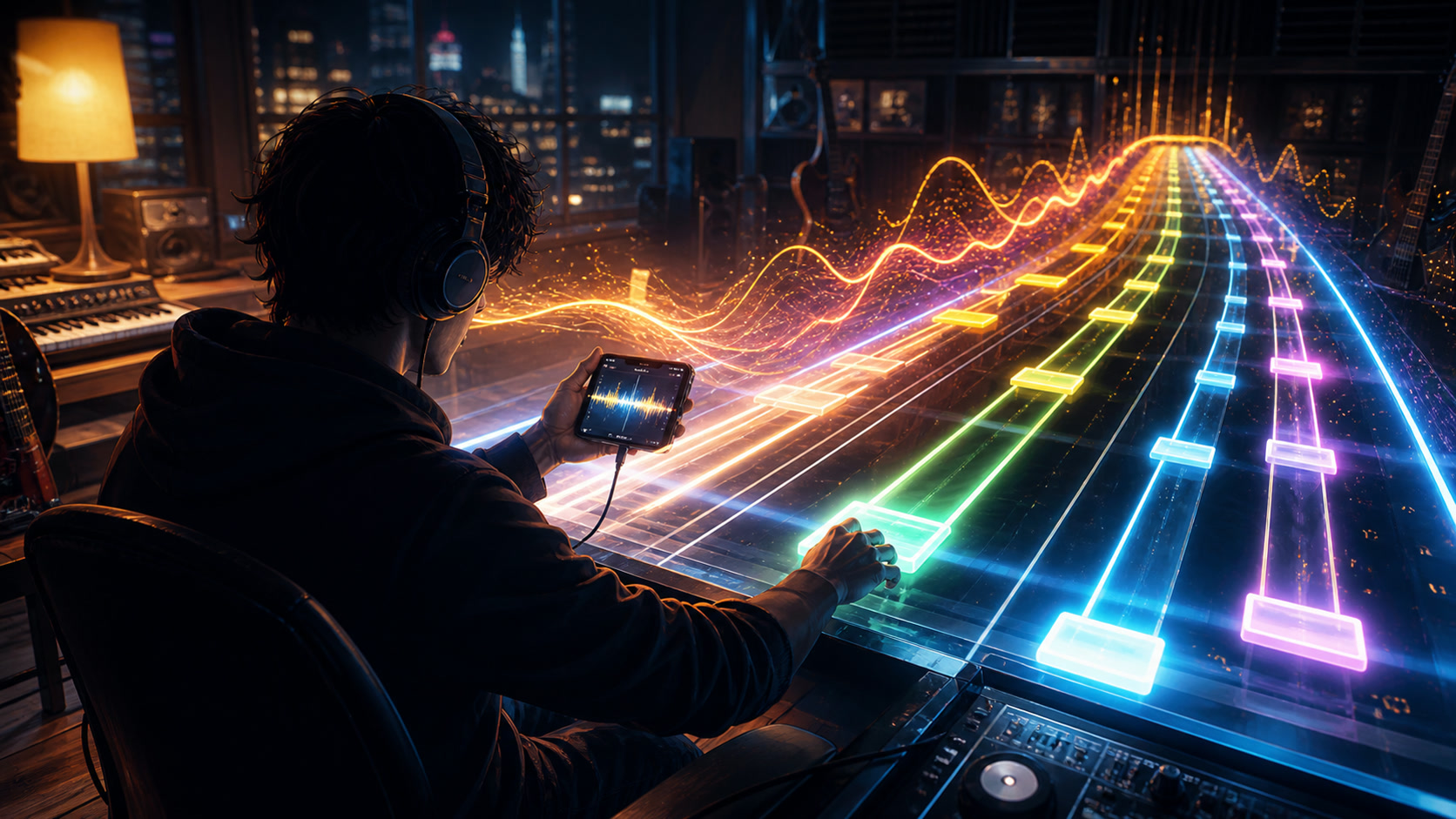 A player tapping a neon rhythm chart generated from music on a phone