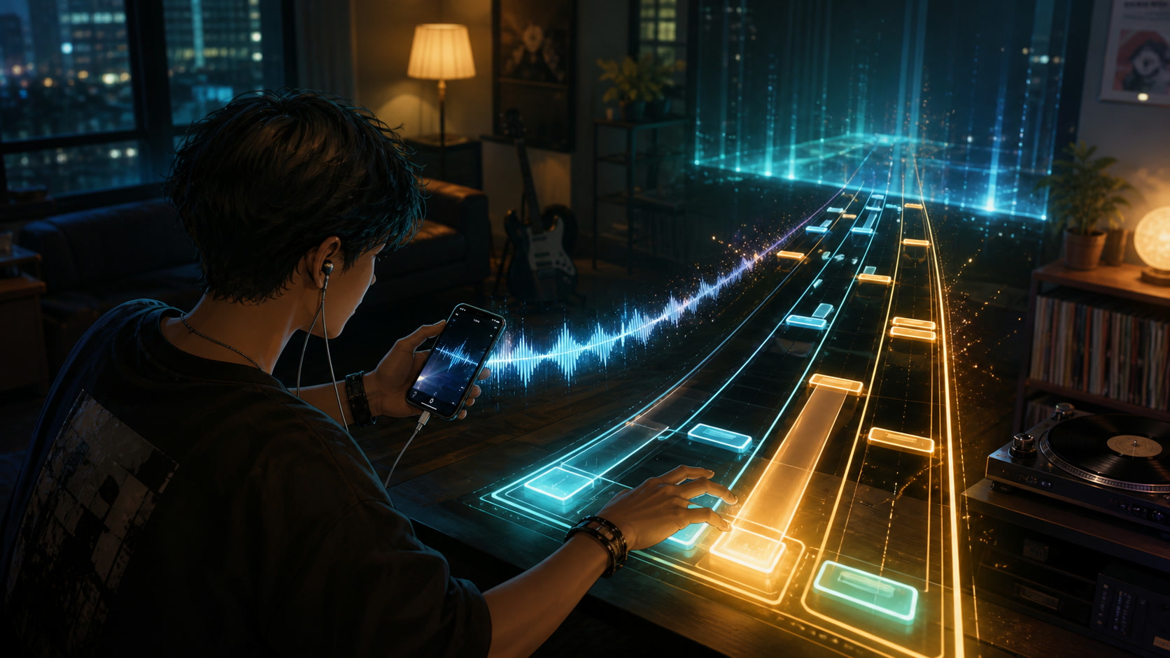 A player adjusting song analysis and note lanes in a home music setup