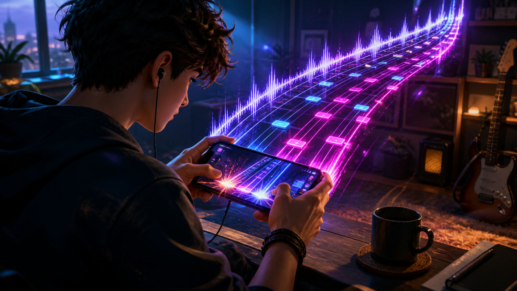 A player completing a custom-song rhythm chart on a mobile device