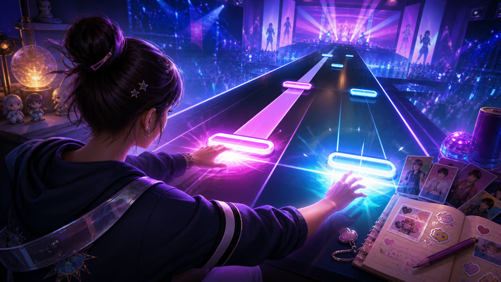 A player tapping neon note lanes during a virtual K-pop concert