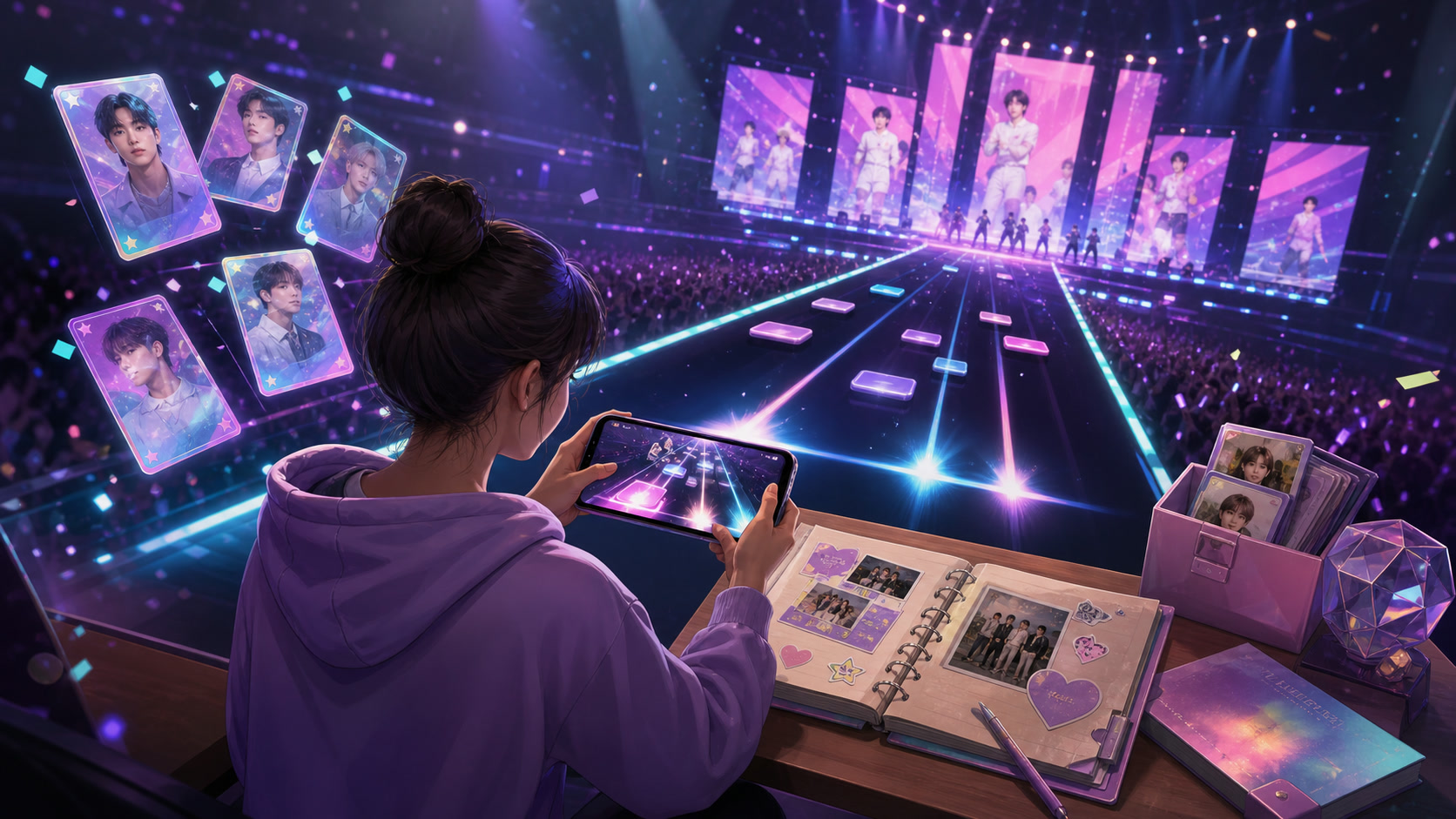 A player reviewing collectible artist cards beside an active rhythm stage