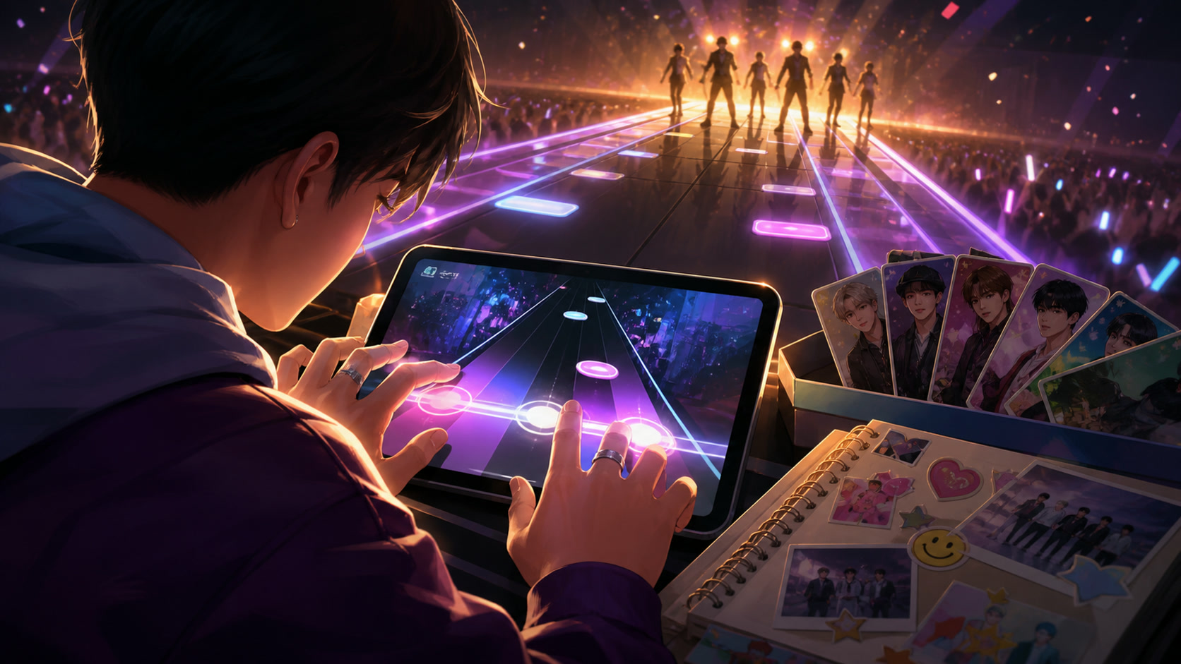 A player comparing card rewards before starting another song