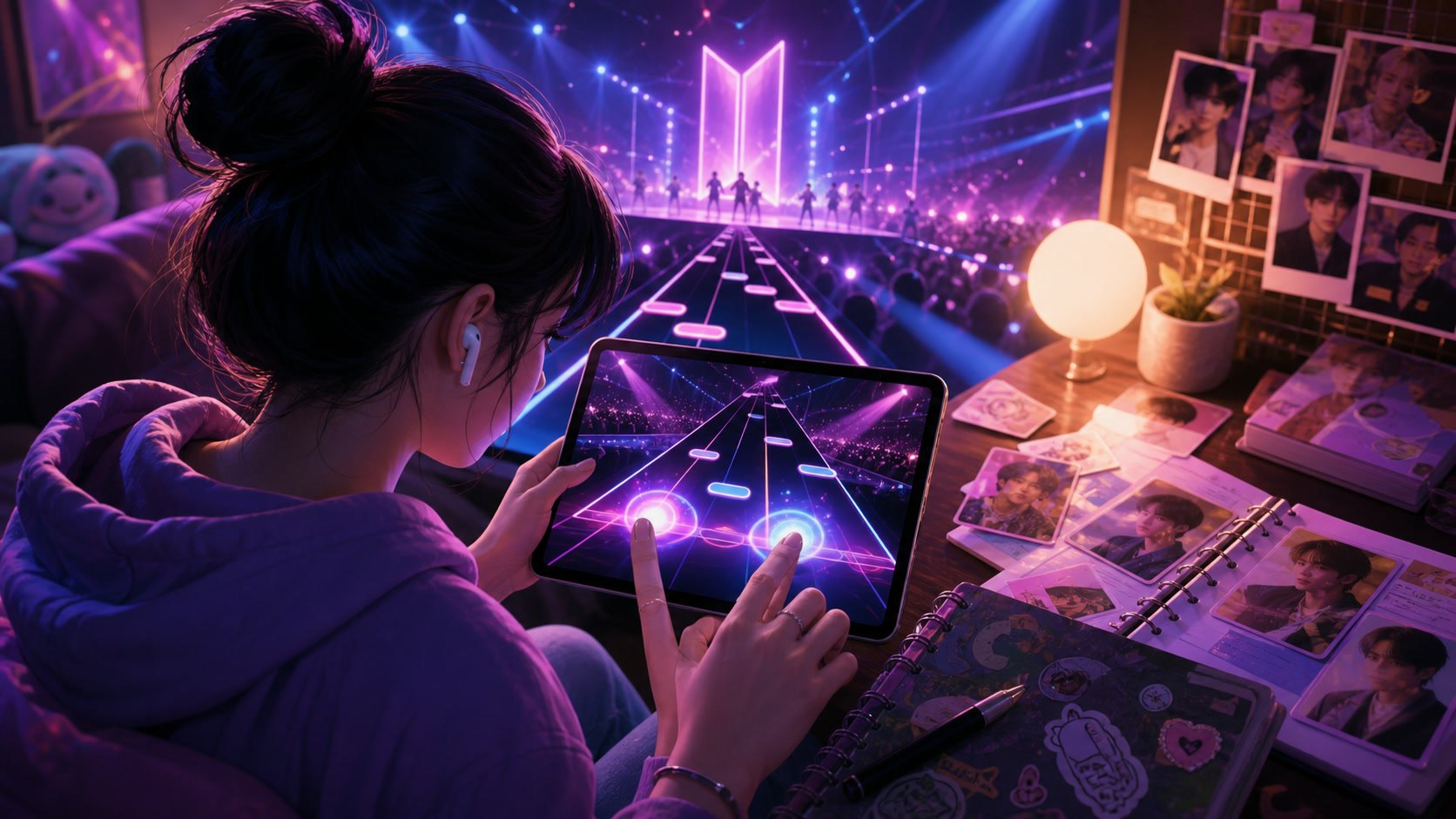 A focused Rhythm Hive session on a tablet surrounded by K-pop memorabilia