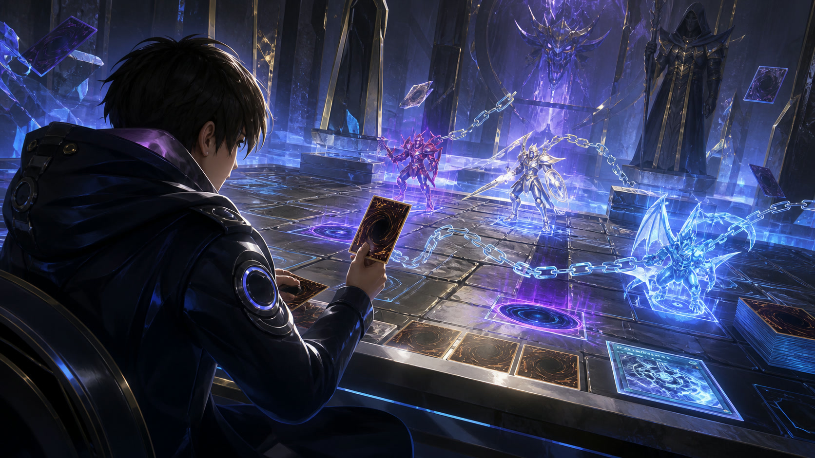 A duelist playing a card as holographic monsters appear across the arena