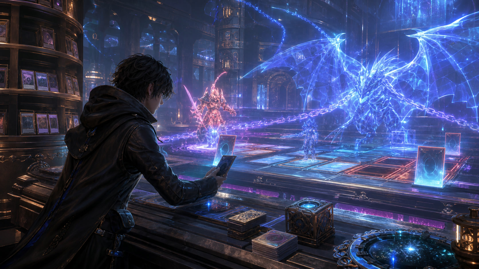 A duelist studying the field before committing the next card