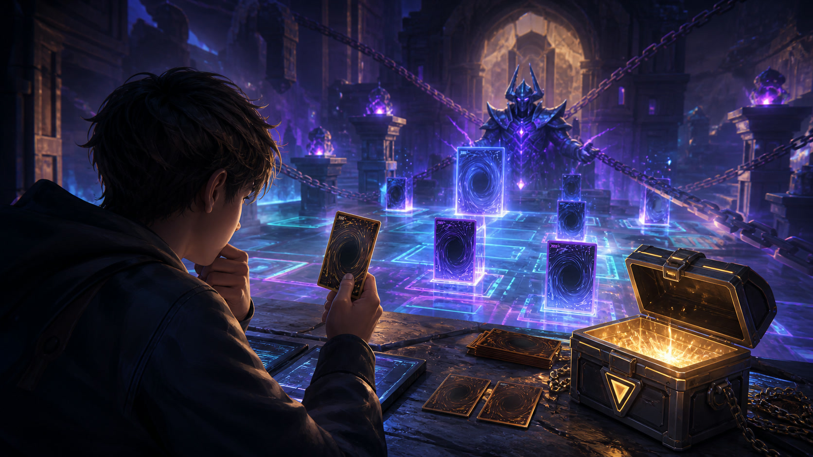 A duelist weighing card packs and deck resources before continuing