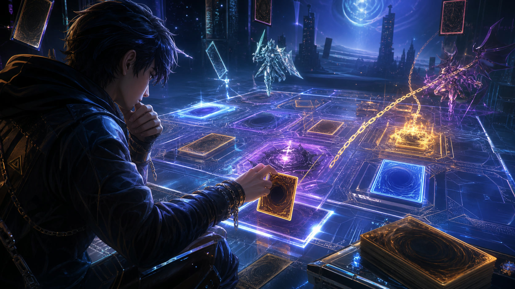 A late-game Master Duel board filled with summoned monsters and active zones