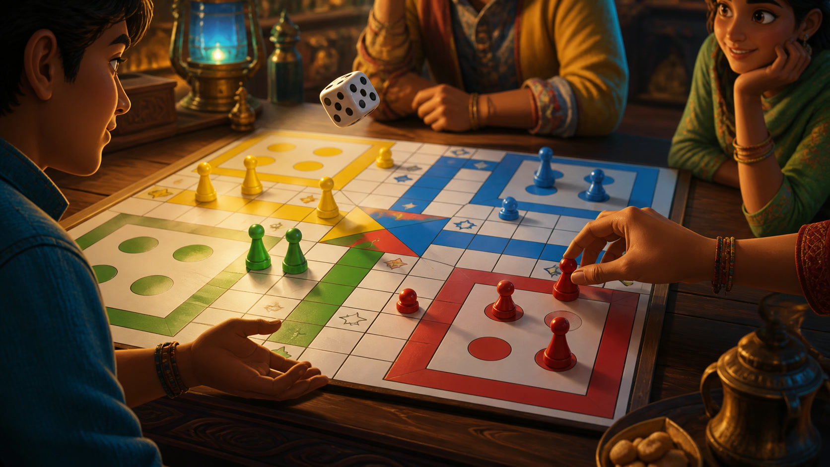 Four players moving colored tokens around a Ludo board after a dice roll