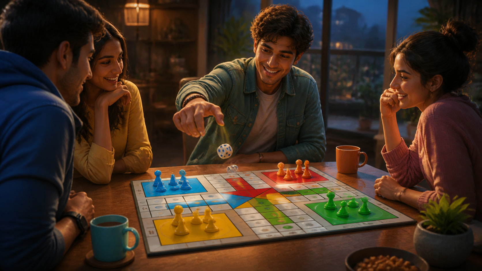 Friends playing a competitive Ludo match together at a table
