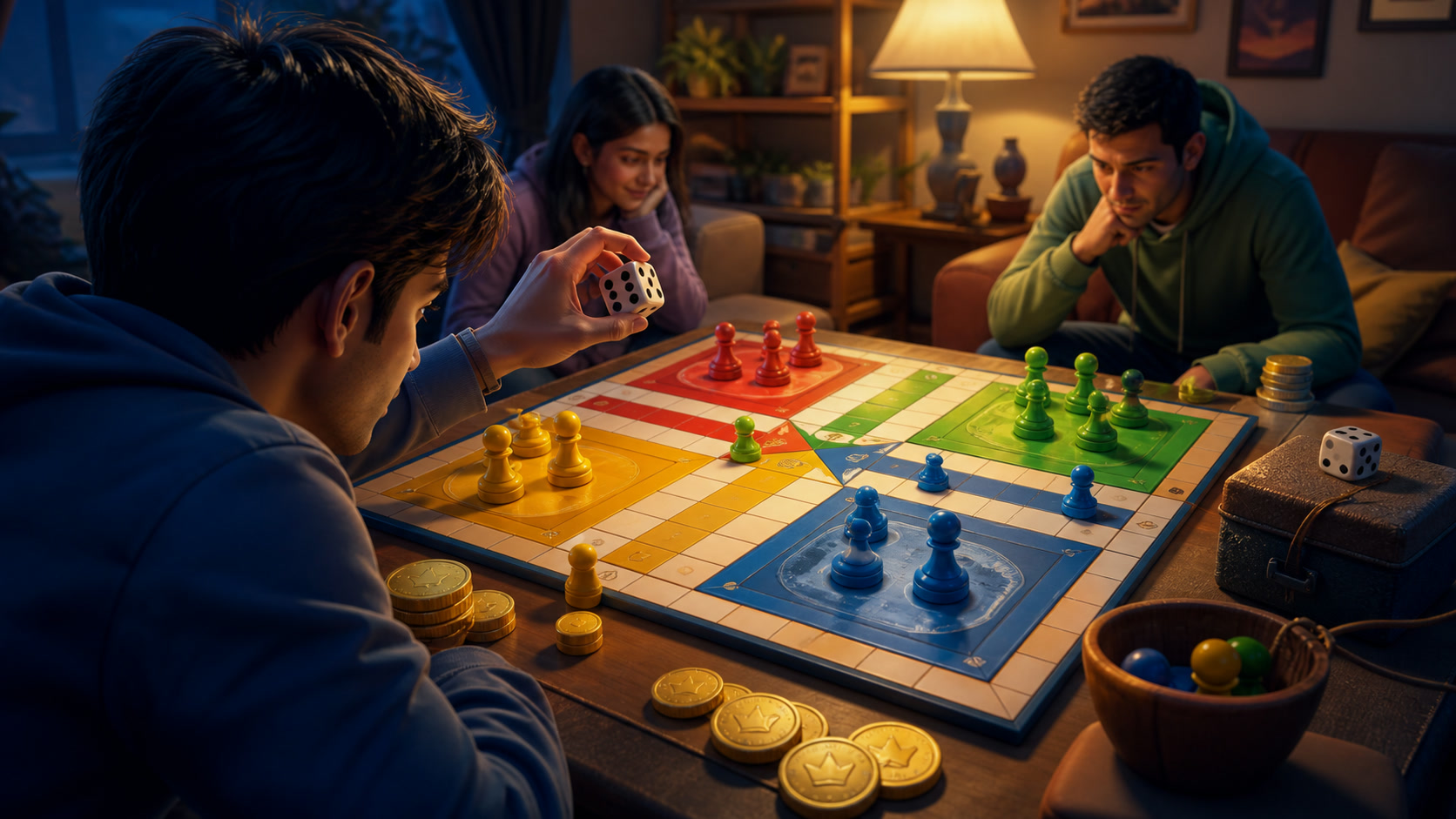 A tense Ludo turn with several tokens exposed to capture