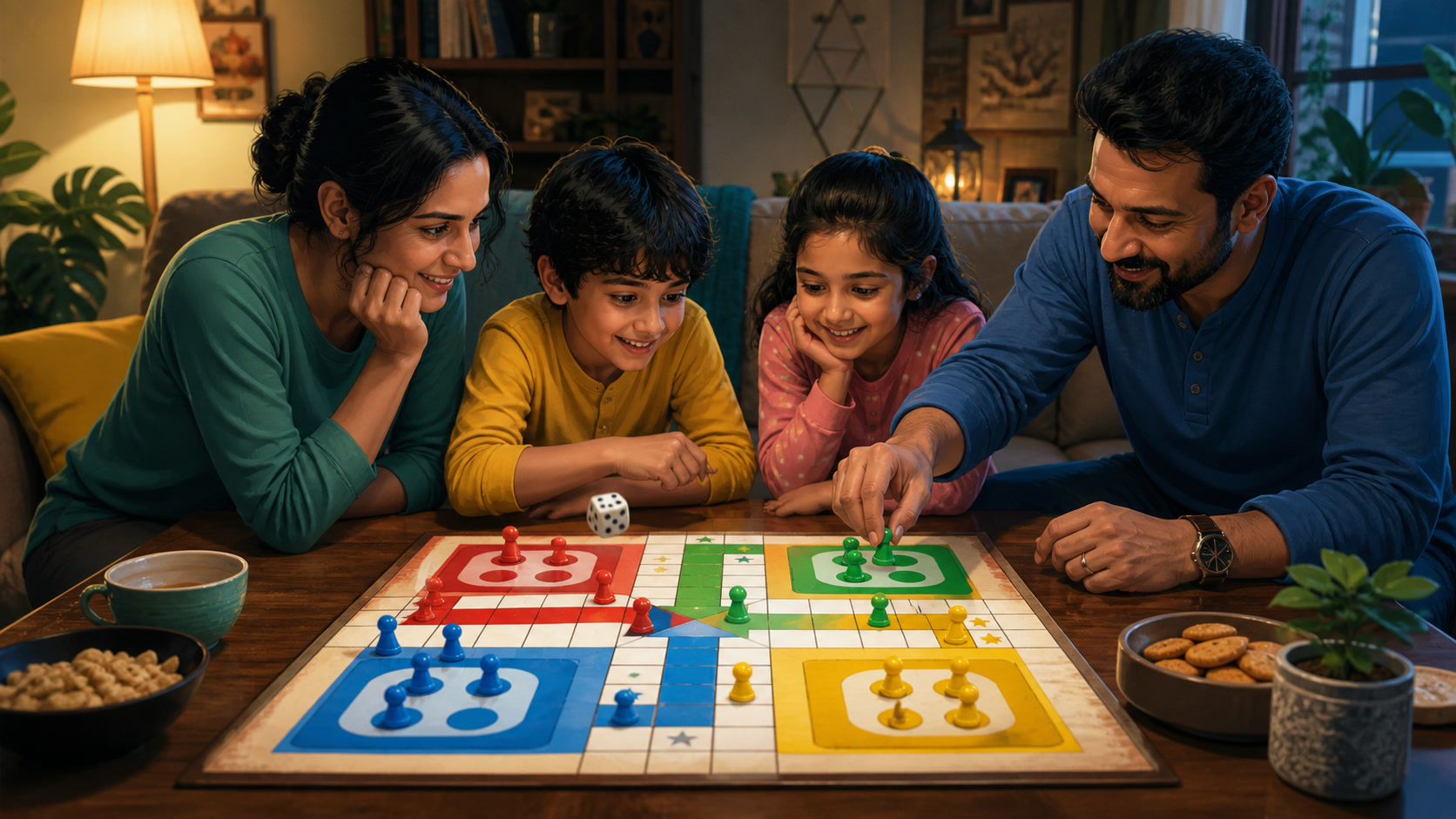A family completing a relaxed Ludo game together