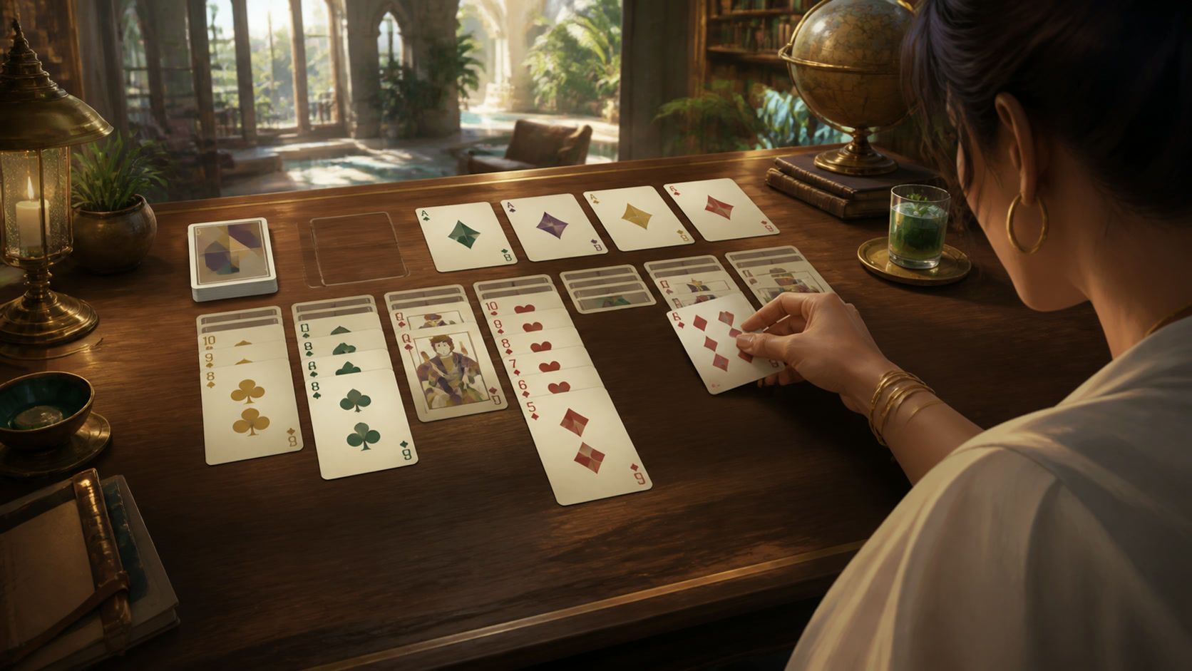A player arranging a realistic Klondike tableau on a green card table