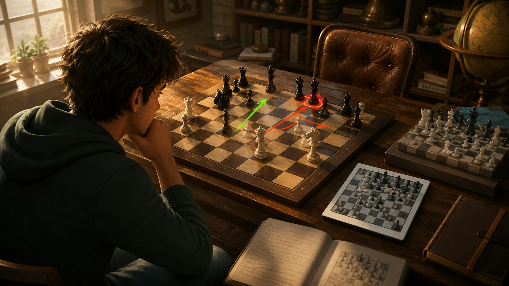 A chess player studying candidate moves on a wooden board beside a tablet