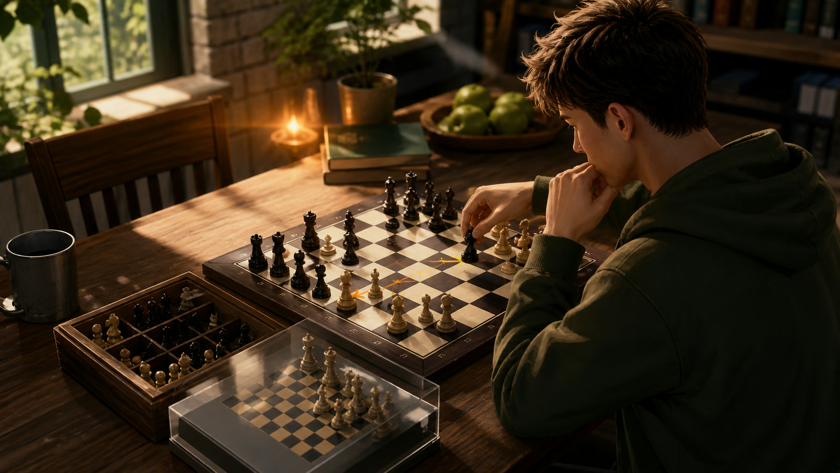 A chess player considering the next move across a realistic wooden board