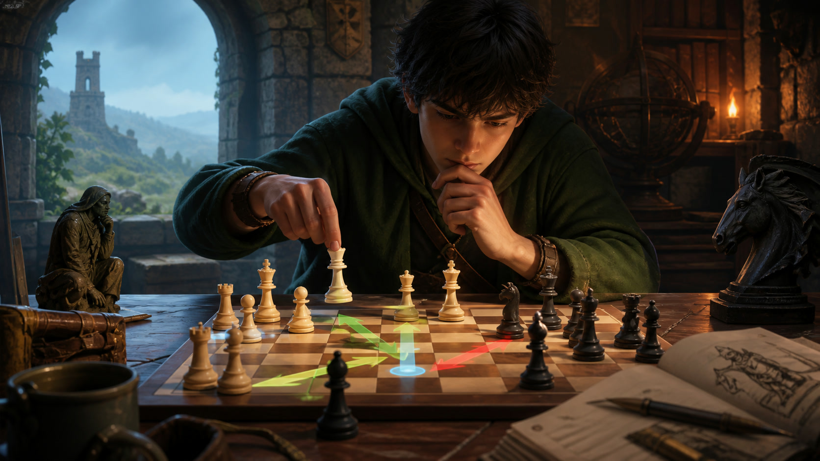A player analyzing a difficult chess position in a quiet study