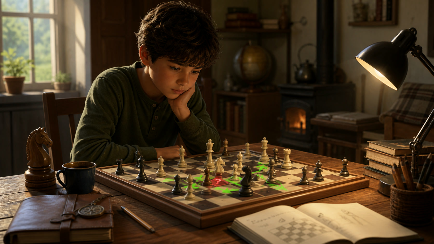 A focused player planning the next move on a physical chess board