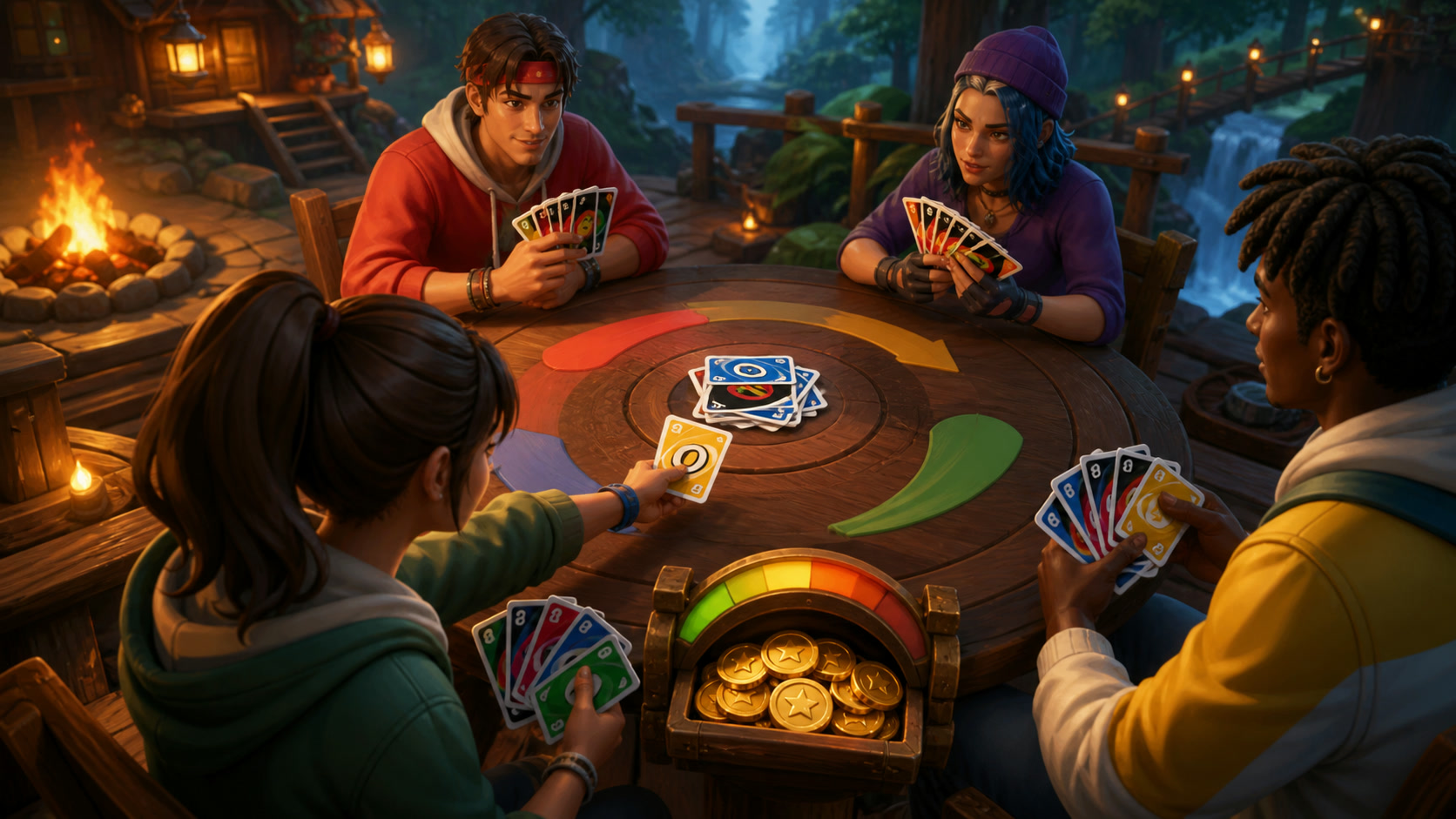 Friends playing an UNO hand together around a campfire table