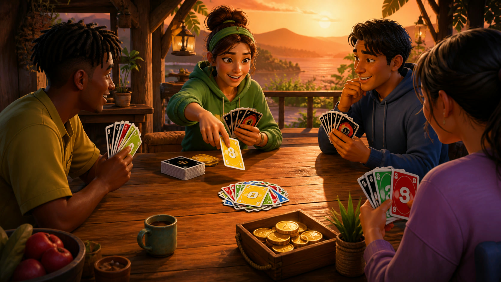 Four players weighing their next UNO cards during a competitive round