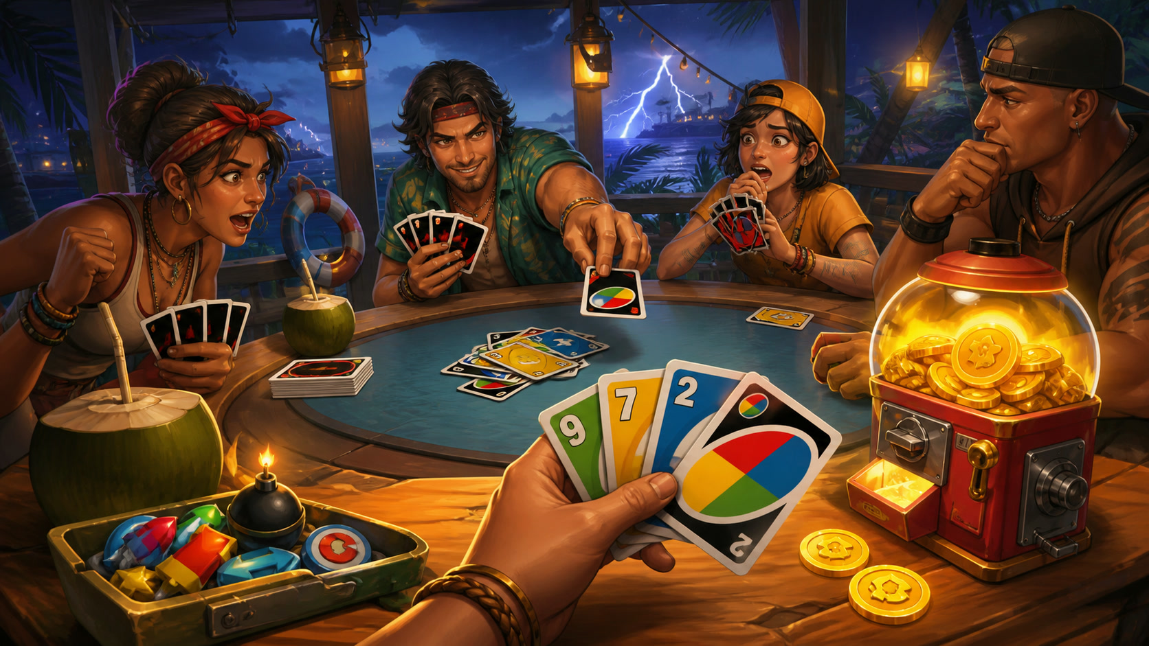 A tense UNO turn with action cards and a limited coin balance